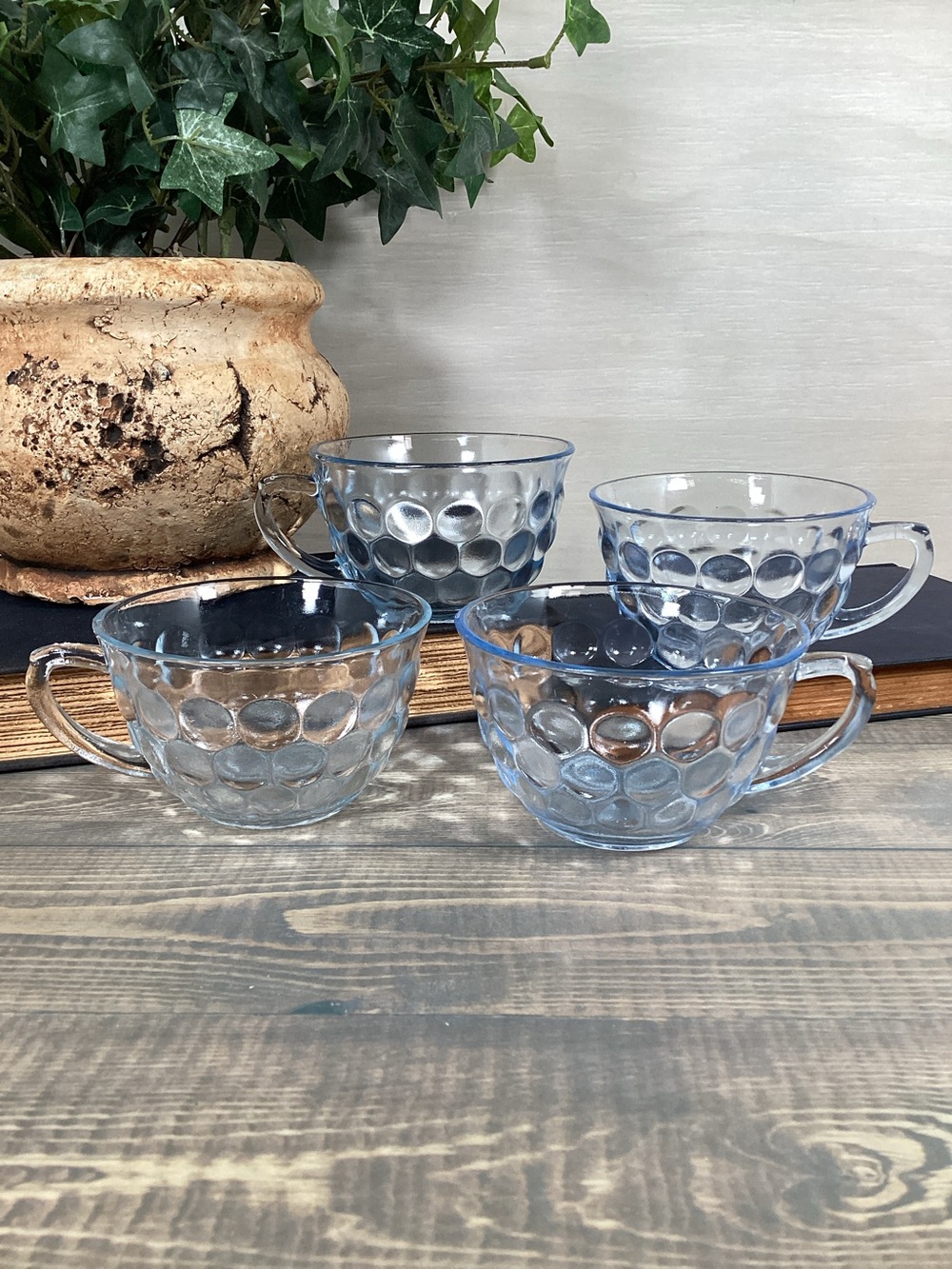 4 Vtg Anchor Hocking Blue Bubble Glass Teacups Or Punch Glasses Depression Glass